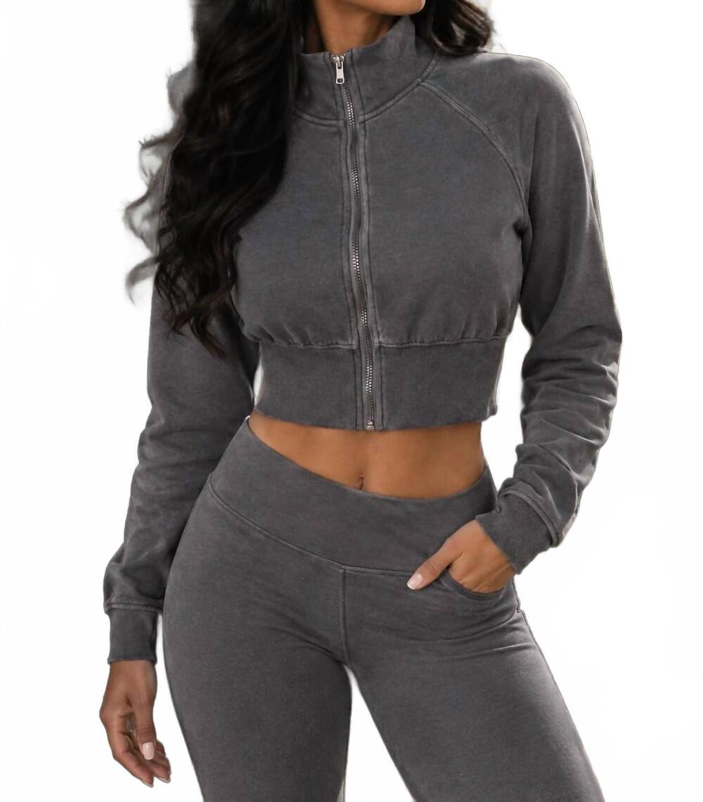 NEW SURELYMINE cropped mock neck zip-up jacket in charcoal gray